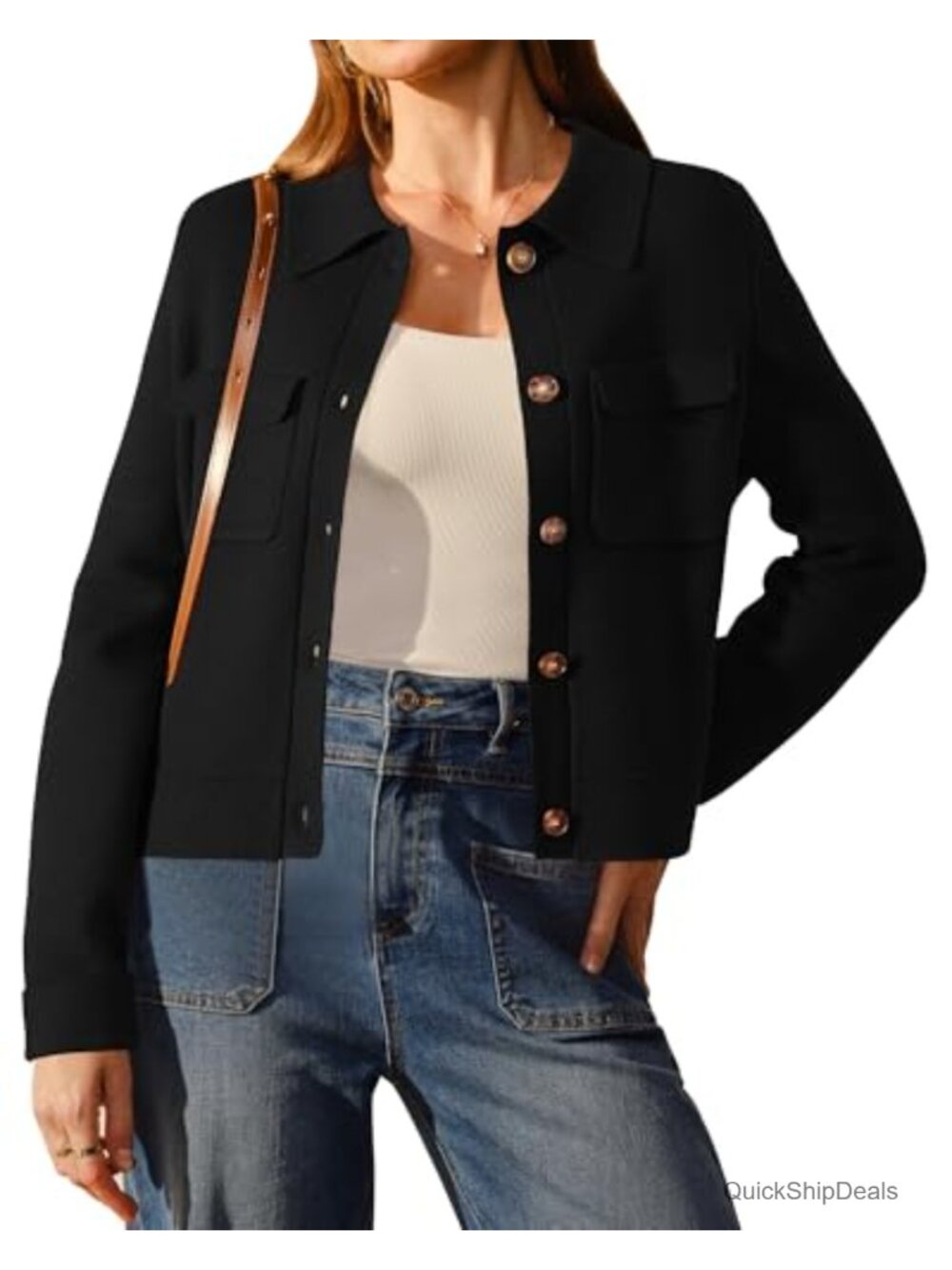 Women's Cropped Wool Blend Cardigan Jacket with Flap Pockets